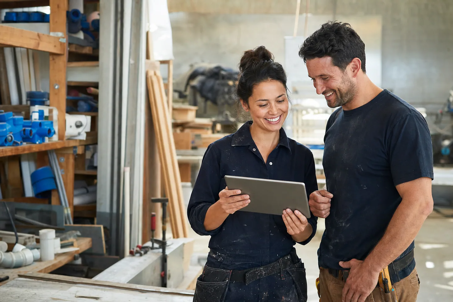 Australian tradeswoman and carpenter checking a business update together in a workshop